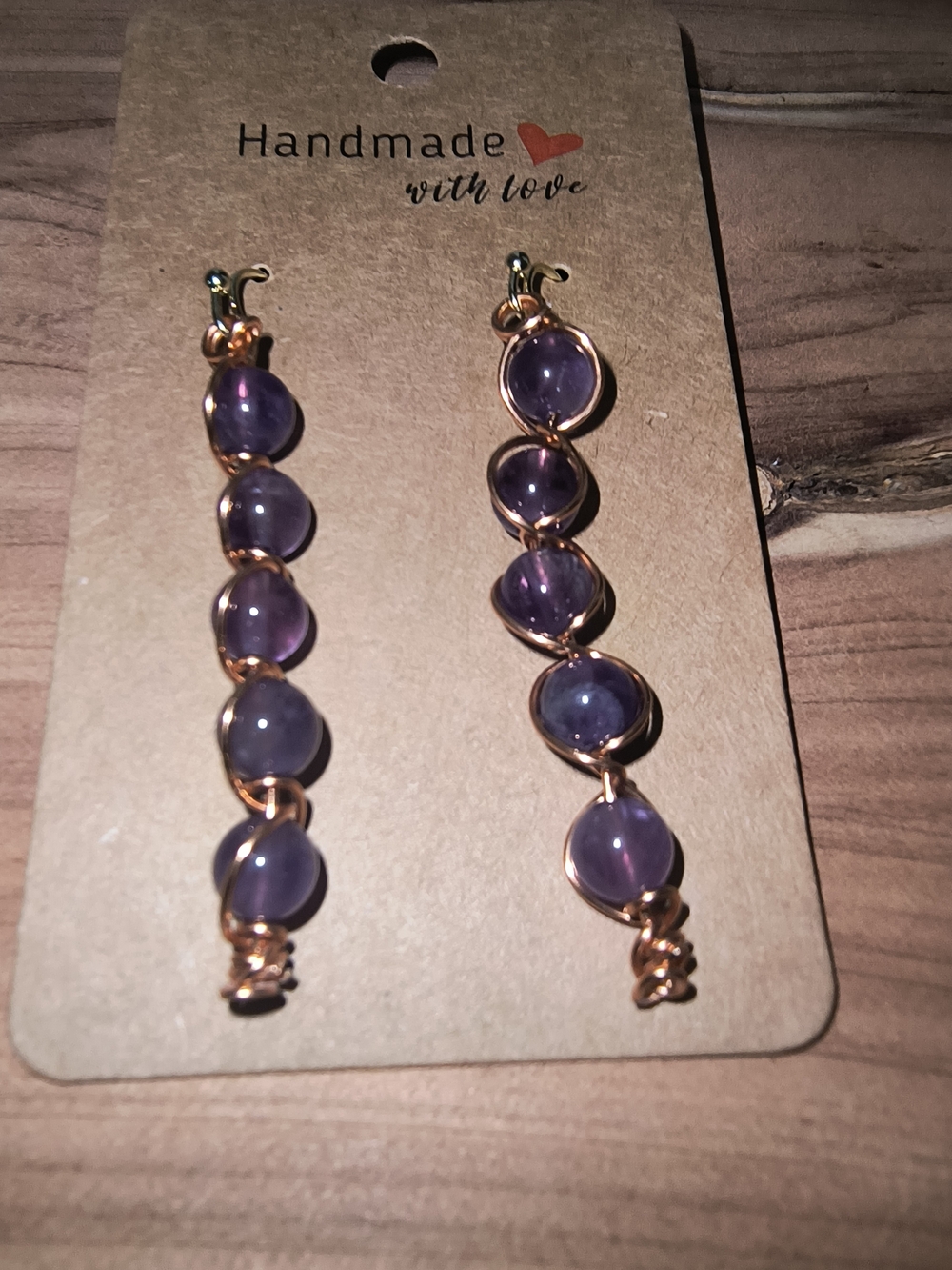 Hand Crafted Purple Glass Bead Drop Earrings with Gold Wire